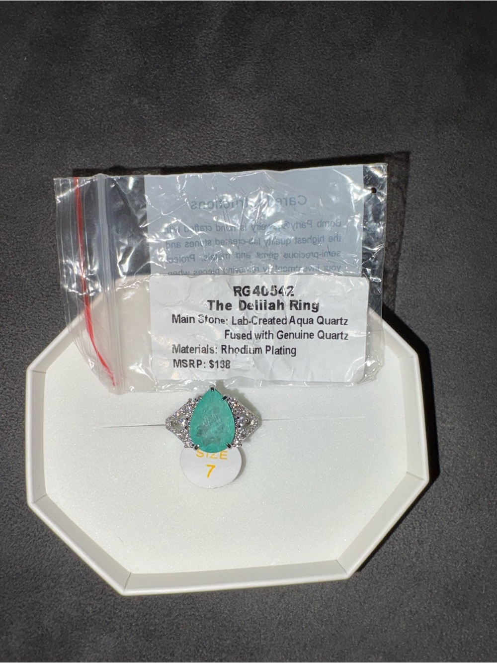 The Delilah Ring - Aqua Teardrop Rhodium-Plated Ring (Size 7)